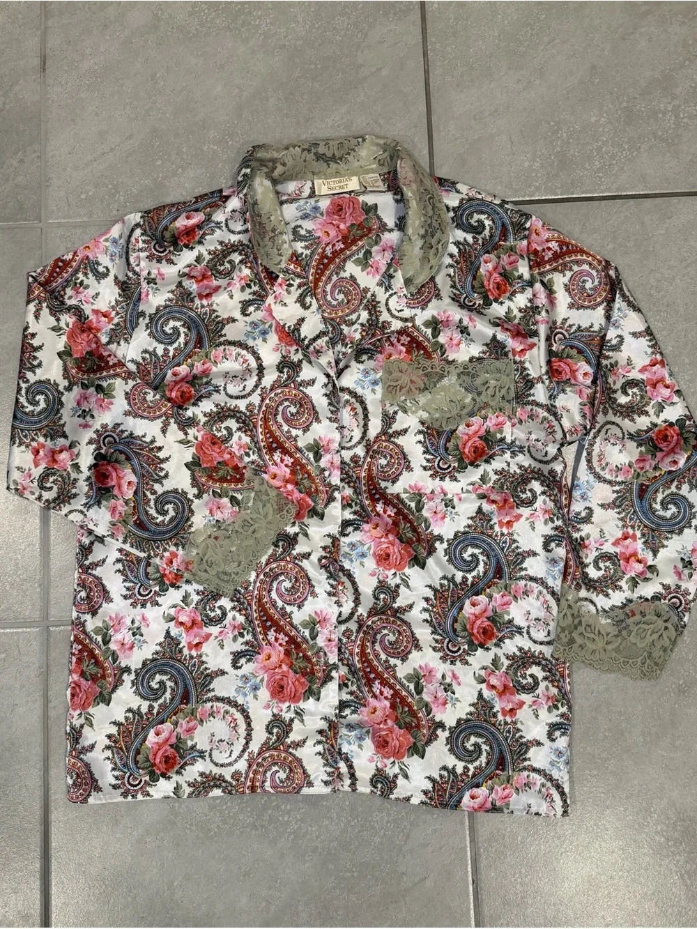 Vintage Victoria's Secret 3-Pc Paisley Floral Satin Pajama & Robe Set Medium